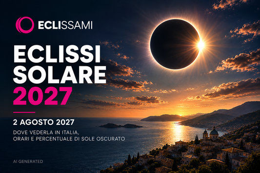 Eclissi solare del 2 agosto 2027 sul Mediterraneo, con il Sole oscurato dalla Luna e panorama costiero italiano al tramonto – ECLISSAMI