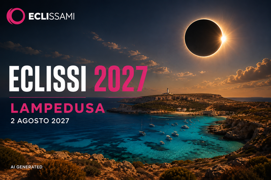 Eclissi solare del 2 agosto 2027 a Lampedusa con il Sole oscurato sopra il Mediterraneo
