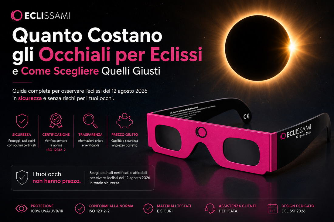 Infografica sugli occhiali per eclissi: prezzi, certificazione ISO 12312-2 e consigli per scegliere occhiali sicuri per osservare l'eclissi solare.