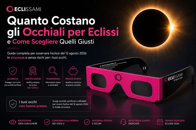 Infografica sugli occhiali per eclissi: prezzi, certificazione ISO 12312-2 e consigli per scegliere occhiali sicuri per osservare l'eclissi solare.