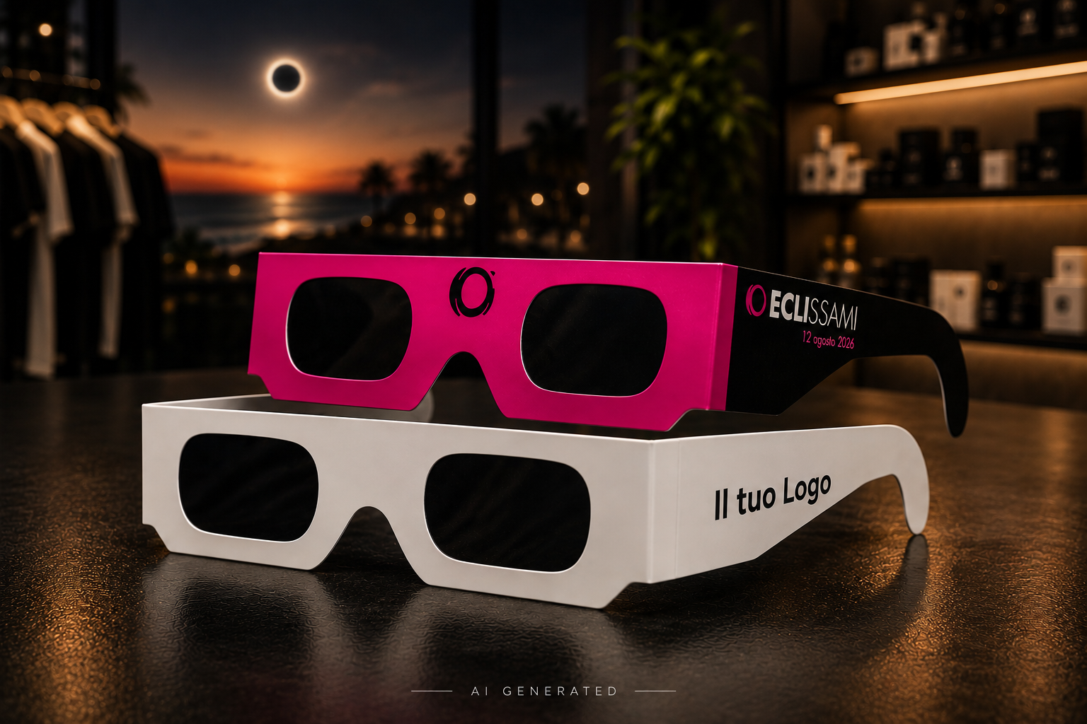 Occhiali per eclissi solare ECLISSAMI e modello personalizzabile con il tuo logo per negozi, ottici, farmacie e attività.