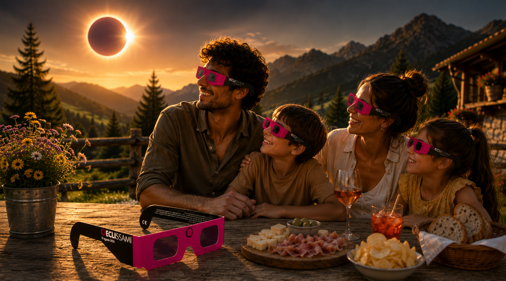 famiglia durante un aperitivo che guarda l'eclissi del 12 agosto 2026 con gli occhiali certificati eclissami