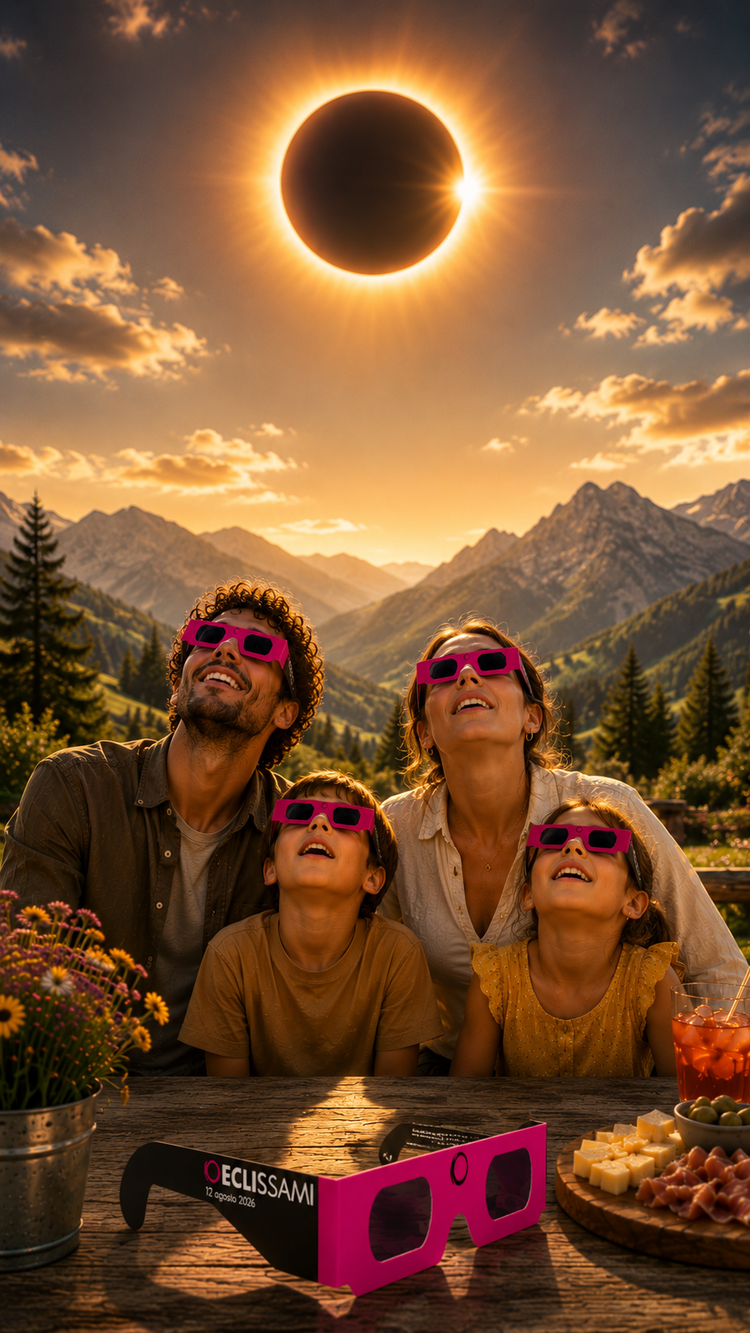 famiglia che guarda l'eclissi del 12 agosto 2026 con gli occhiali certificati eclissami