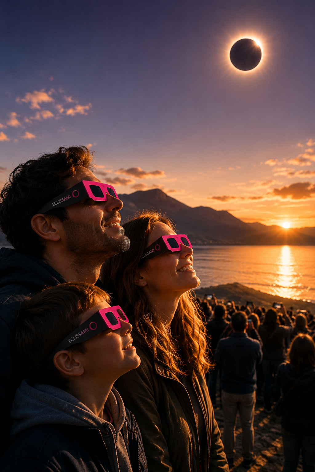 Famiglia con occhiali certificati ECLISSAMI osserva l'eclissi solare del 12 agosto 2026 al tramonto, durante uno degli eventi astronomici più spettacolari visibili dall'Italia.