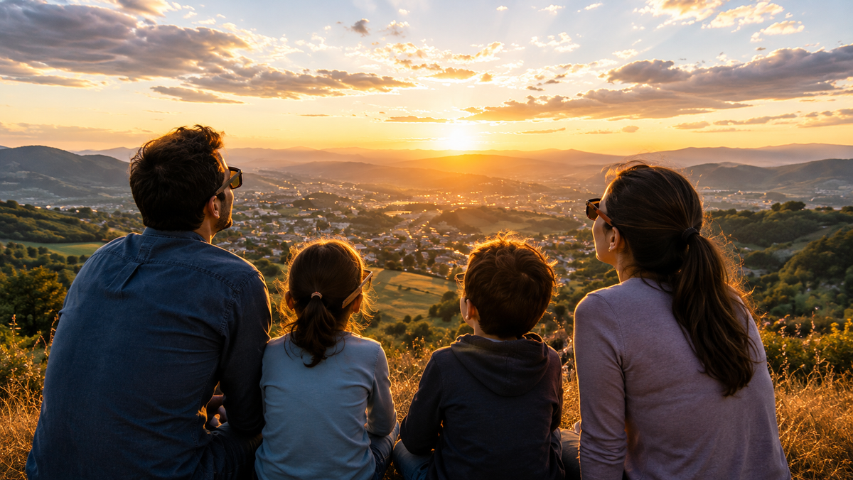 Famiglia che osserva il tramonto panoramico sulle colline italiane in attesa dell'eclissi solare del 12 agosto 2026 con occhiali ECLISSAMI.