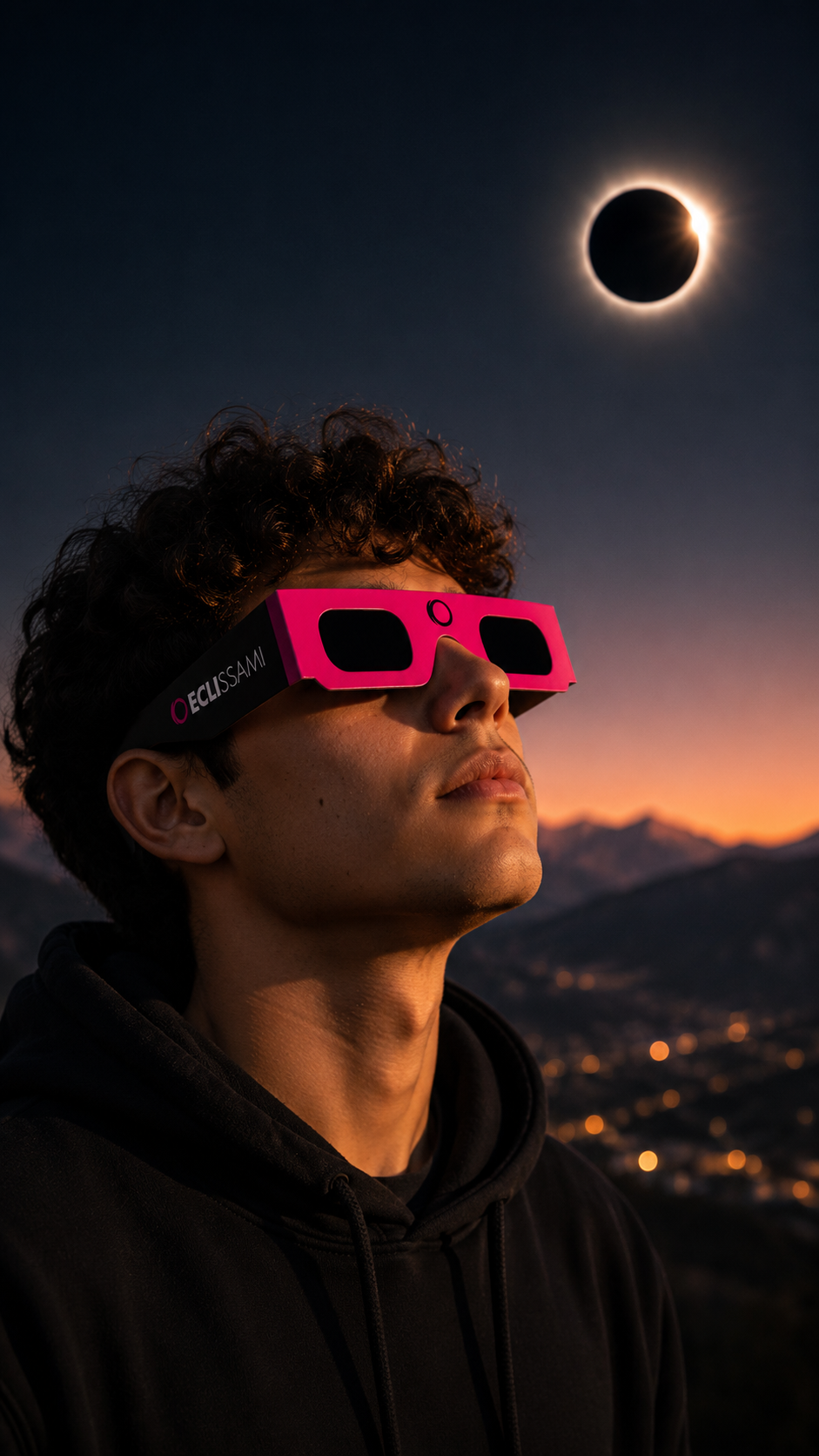 Ragazzo che osserva l'eclissi solare con occhiali certificati ECLISSAMI ISO 12312-2 per guardare il Sole in sicurezza durante l'eclissi del 12 agosto 2026.