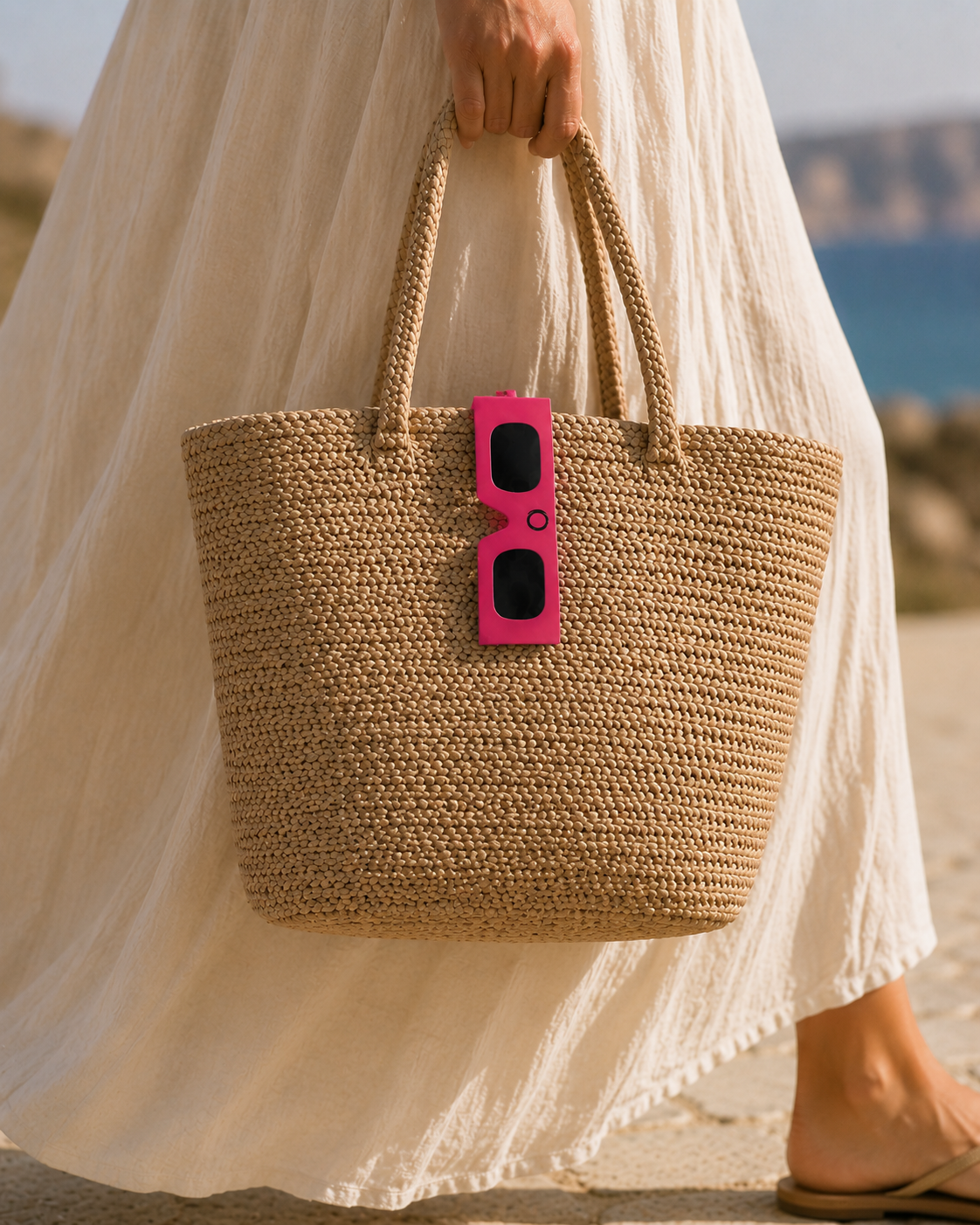 occhiali certificati eclissami appesi a una borsa in paglia da mare e donna con vestito estivo bianco in lino che tiene la borsa con la mano