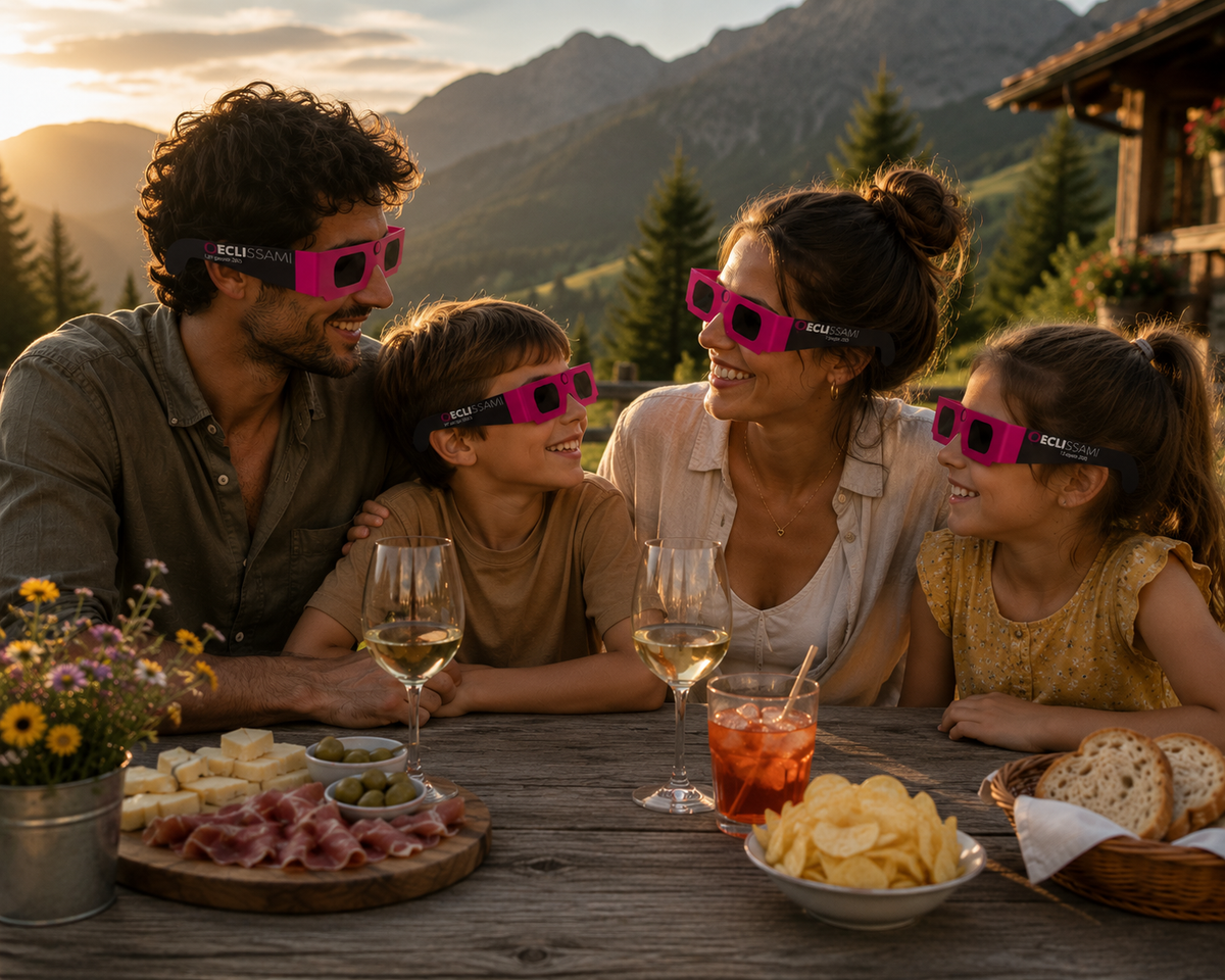famiglia sorridente con gli occhiali eclissami durante un aperitivo in giardino