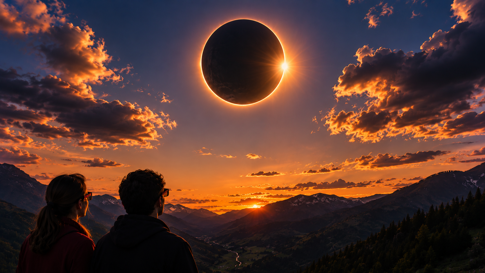 Eclissi solare del 12 agosto 2026 vista sulle montagne con il cielo che si oscura e la luce che cambia durante il fenomeno astronomico.