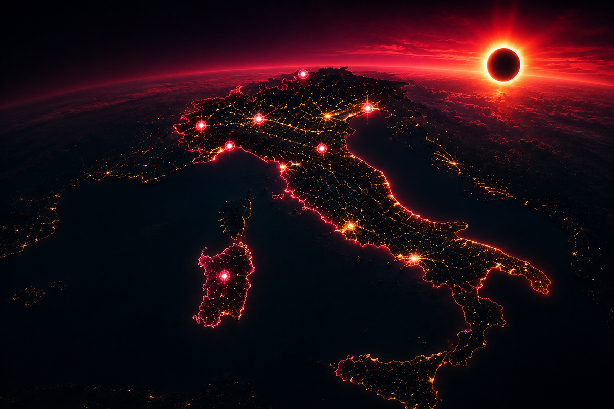 Mappa dell'Italia con le percentuali di copertura dell'eclissi solare del 12 agosto 2026 nelle principali città italiane.